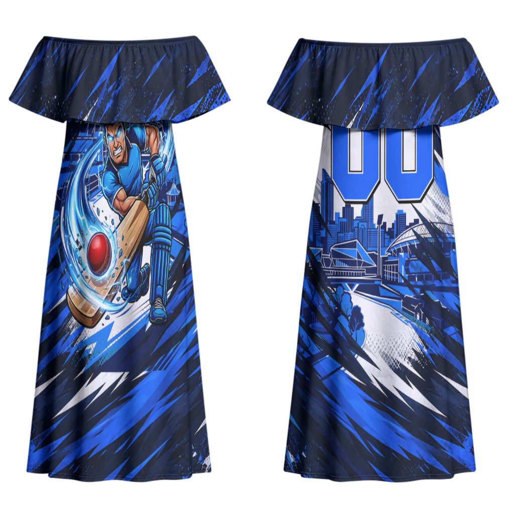 Personalised Adelaide Strikers Cricket Fan Pride Couples Matching Off Shoulder Maxi Dress and Long Sleeve Button Shirt Dynamic Cricket Graphic Art With Adelaide City Skyline
