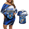 Personalised Adelaide Strikers Cricket Fan Pride Couples Matching Off Shoulder Short Dress and Hawaiian Shirt Dynamic Cricket Graphic Art With Adelaide City Skyline