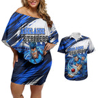Personalised Adelaide Strikers Cricket Fan Pride Couples Matching Off Shoulder Short Dress and Hawaiian Shirt Dynamic Cricket Graphic Art With Adelaide City Skyline