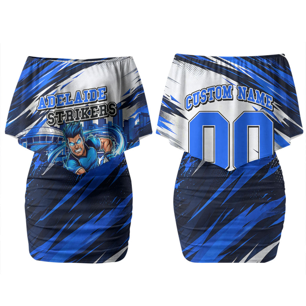 Personalised Adelaide Strikers Cricket Fan Pride Couples Matching Off Shoulder Short Dress and Hawaiian Shirt Dynamic Cricket Graphic Art With Adelaide City Skyline