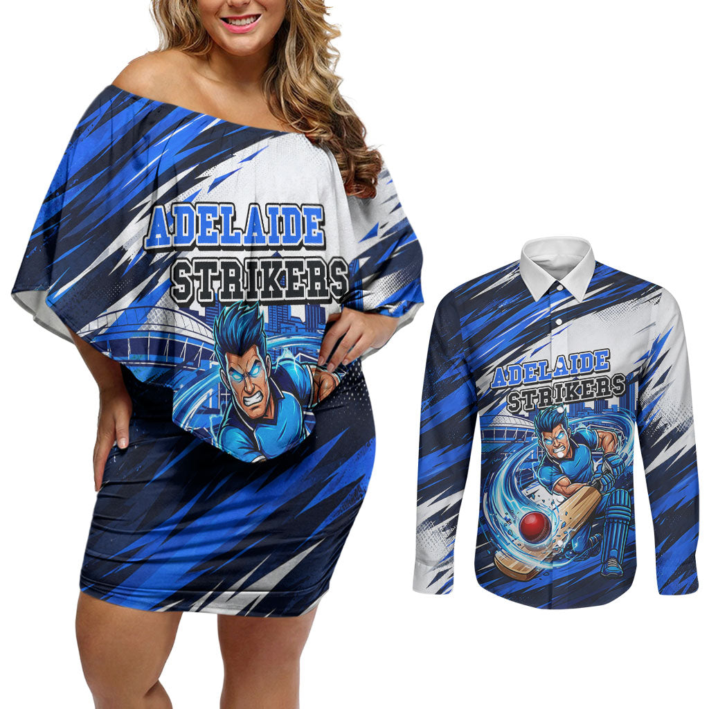 Personalised Adelaide Strikers Cricket Fan Pride Couples Matching Off Shoulder Short Dress and Long Sleeve Button Shirt Dynamic Cricket Graphic Art With Adelaide City Skyline