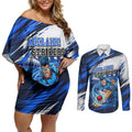 Personalised Adelaide Strikers Cricket Fan Pride Couples Matching Off Shoulder Short Dress and Long Sleeve Button Shirt Dynamic Cricket Graphic Art With Adelaide City Skyline
