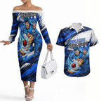 Personalised Adelaide Strikers Cricket Fan Pride Couples Matching Off The Shoulder Long Sleeve Dress and Hawaiian Shirt Dynamic Cricket Graphic Art With Adelaide City Skyline
