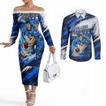 Personalised Adelaide Strikers Cricket Fan Pride Couples Matching Off The Shoulder Long Sleeve Dress and Long Sleeve Button Shirt Dynamic Cricket Graphic Art With Adelaide City Skyline