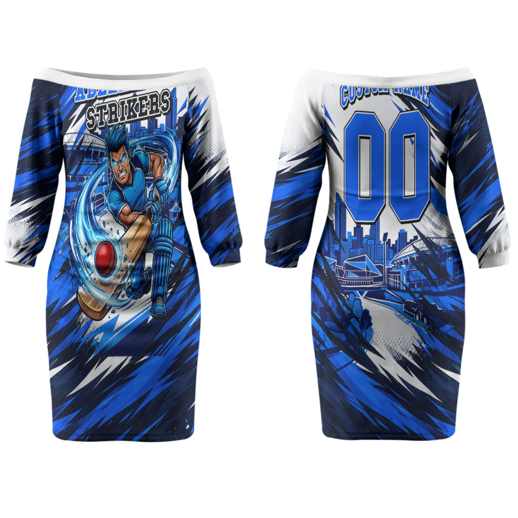 Personalised Adelaide Strikers Cricket Fan Pride Couples Matching Off The Shoulder Long Sleeve Dress and Long Sleeve Button Shirt Dynamic Cricket Graphic Art With Adelaide City Skyline