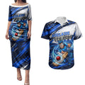 Personalised Adelaide Strikers Cricket Fan Pride Couples Matching Puletasi and Hawaiian Shirt Dynamic Cricket Graphic Art With Adelaide City Skyline