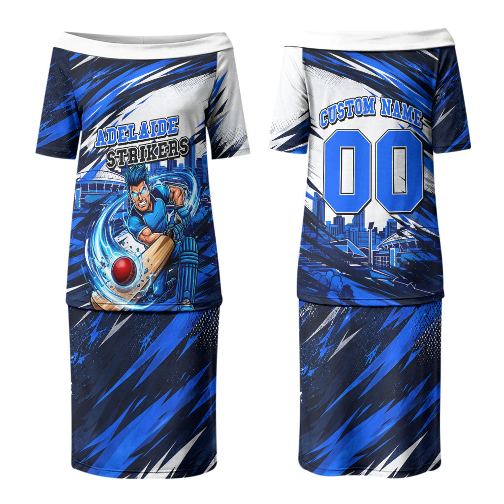 Personalised Adelaide Strikers Cricket Fan Pride Couples Matching Puletasi and Hawaiian Shirt Dynamic Cricket Graphic Art With Adelaide City Skyline