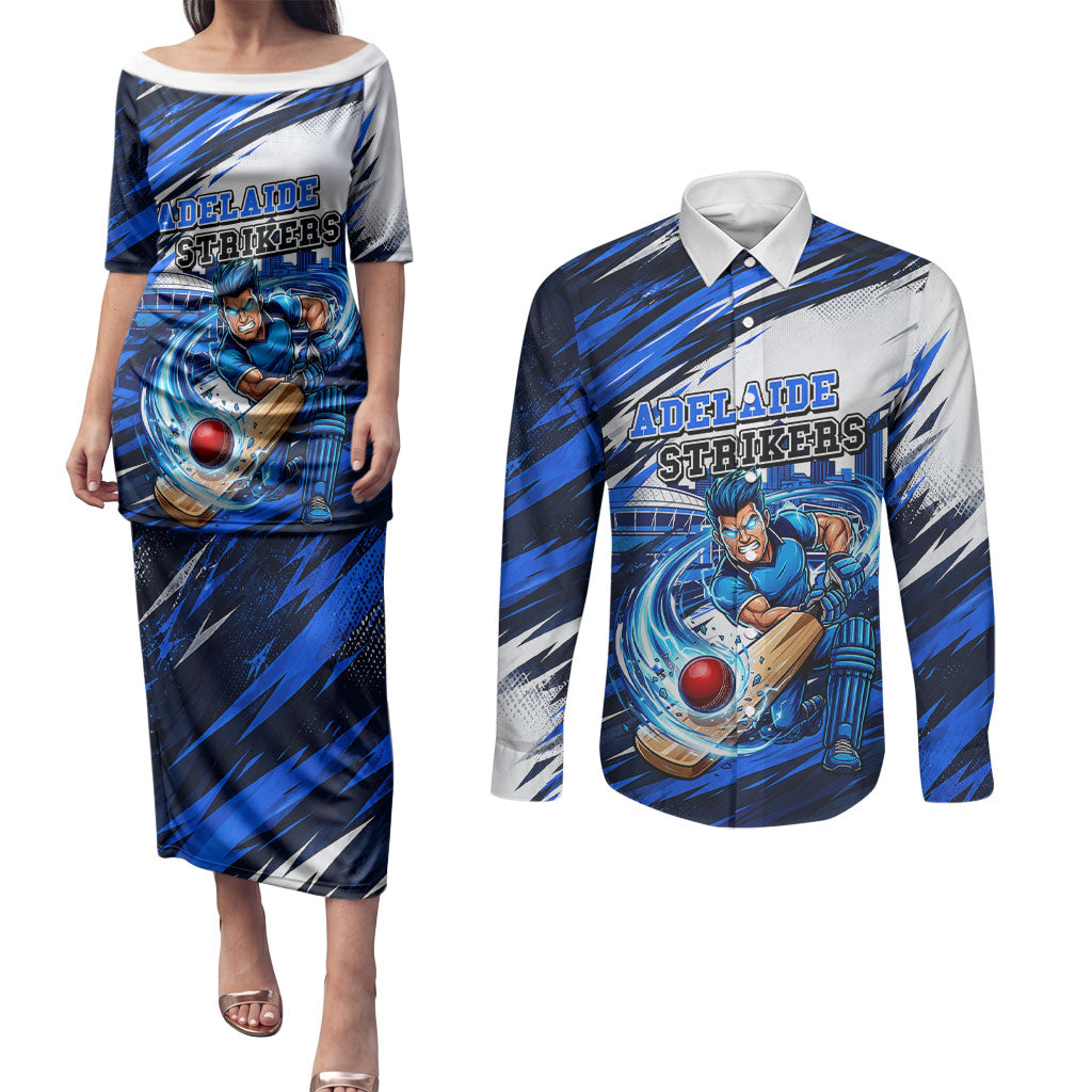 Personalised Adelaide Strikers Cricket Fan Pride Couples Matching Puletasi and Long Sleeve Button Shirt Dynamic Cricket Graphic Art With Adelaide City Skyline