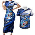 Personalised Adelaide Strikers Cricket Fan Pride Couples Matching Short Sleeve Bodycon Dress and Hawaiian Shirt Dynamic Cricket Graphic Art With Adelaide City Skyline