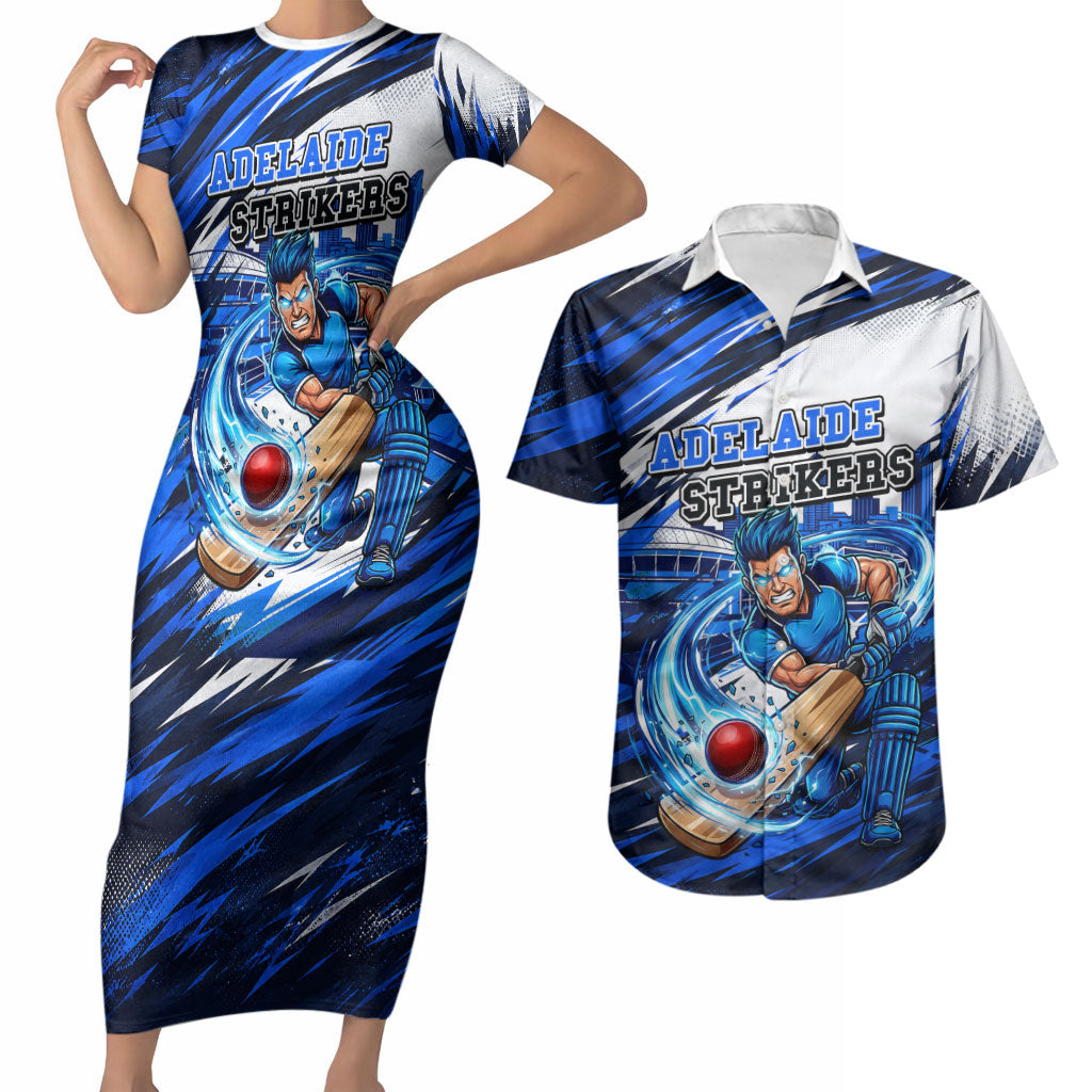 Personalised Adelaide Strikers Cricket Fan Pride Couples Matching Short Sleeve Bodycon Dress and Hawaiian Shirt Dynamic Cricket Graphic Art With Adelaide City Skyline