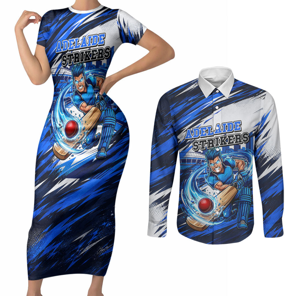 Personalised Adelaide Strikers Cricket Fan Pride Couples Matching Short Sleeve Bodycon Dress and Long Sleeve Button Shirt Dynamic Cricket Graphic Art With Adelaide City Skyline