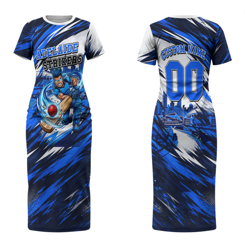 Personalised Adelaide Strikers Cricket Fan Pride Couples Matching Short Sleeve Bodycon Dress and Long Sleeve Button Shirt Dynamic Cricket Graphic Art With Adelaide City Skyline