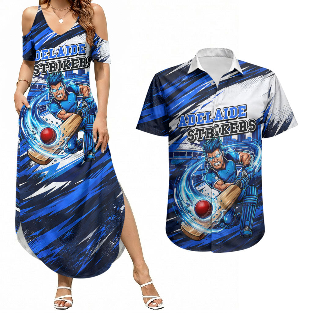 Personalised Adelaide Strikers Cricket Fan Pride Couples Matching Summer Maxi Dress and Hawaiian Shirt Dynamic Cricket Graphic Art With Adelaide City Skyline
