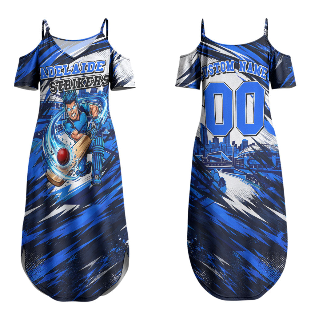 Personalised Adelaide Strikers Cricket Fan Pride Couples Matching Summer Maxi Dress and Hawaiian Shirt Dynamic Cricket Graphic Art With Adelaide City Skyline