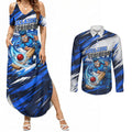 Personalised Adelaide Strikers Cricket Fan Pride Couples Matching Summer Maxi Dress and Long Sleeve Button Shirt Dynamic Cricket Graphic Art With Adelaide City Skyline