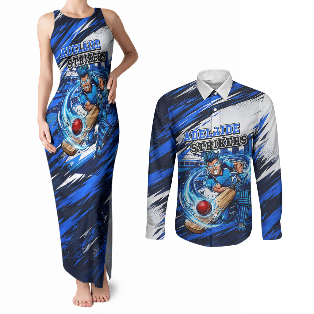 Personalised Adelaide Strikers Cricket Fan Pride Couples Matching Tank Maxi Dress and Long Sleeve Button Shirt Dynamic Cricket Graphic Art With Adelaide City Skyline