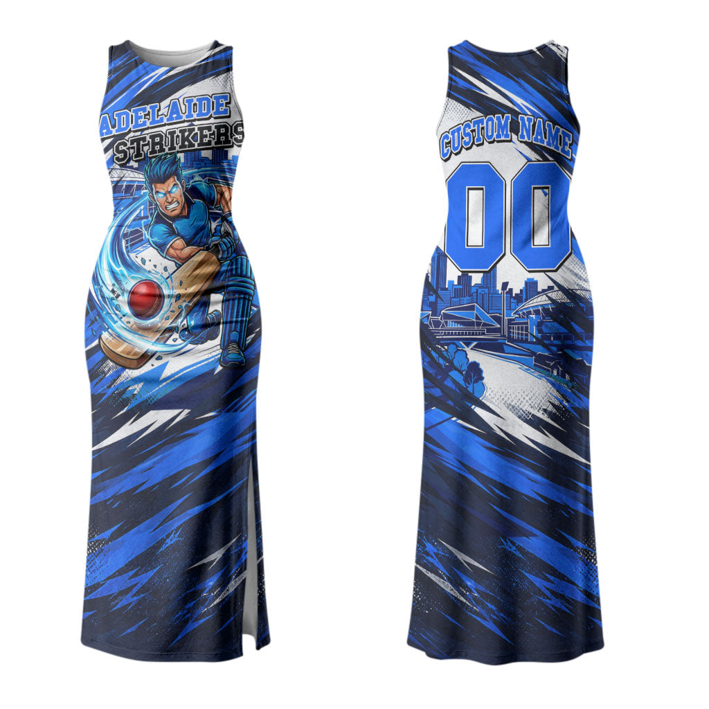 Personalised Adelaide Strikers Cricket Fan Pride Couples Matching Tank Maxi Dress and Long Sleeve Button Shirt Dynamic Cricket Graphic Art With Adelaide City Skyline