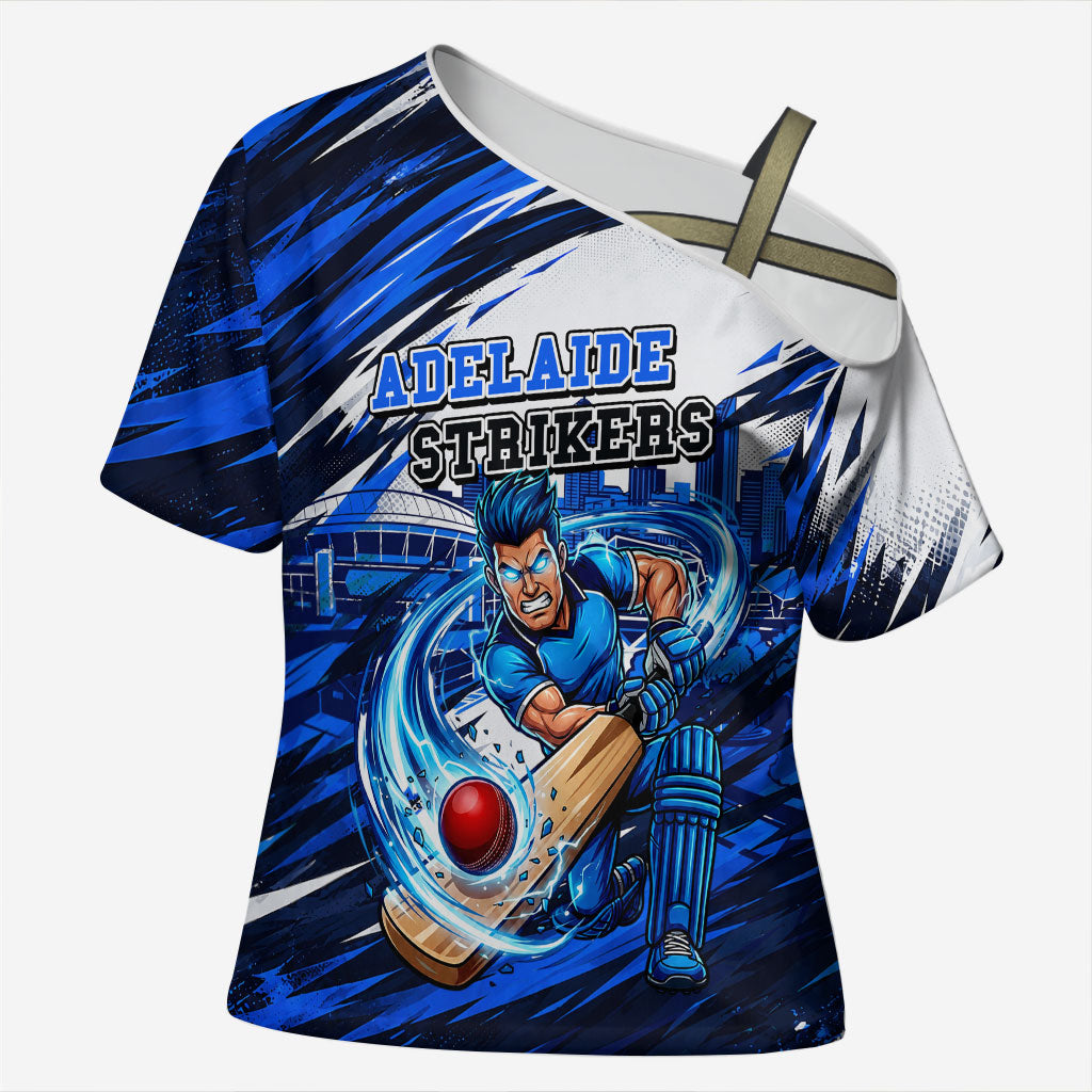 Personalised Adelaide Strikers Cricket Fan Pride Cross Shoulder Shirt Dynamic Cricket Graphic Art With Adelaide City Skyline