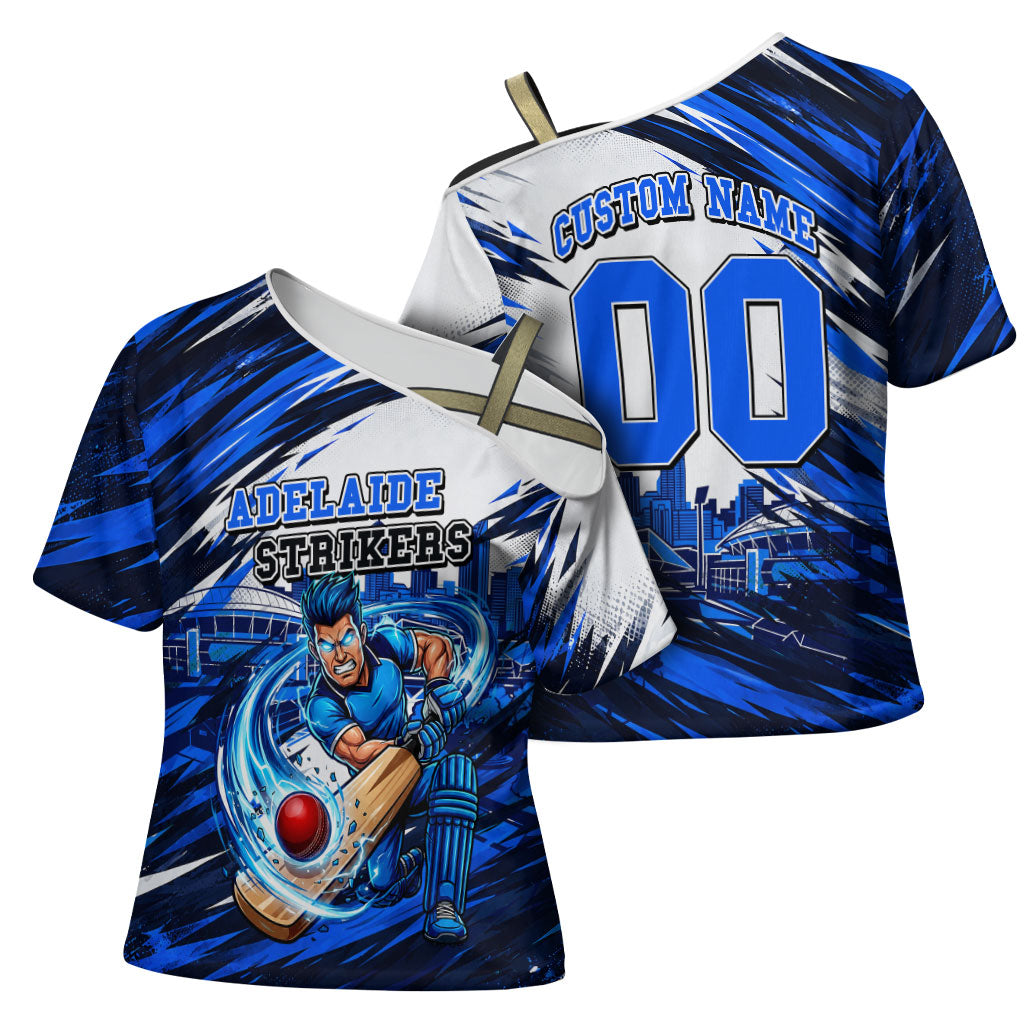Personalised Adelaide Strikers Cricket Fan Pride Cross Shoulder Shirt Dynamic Cricket Graphic Art With Adelaide City Skyline