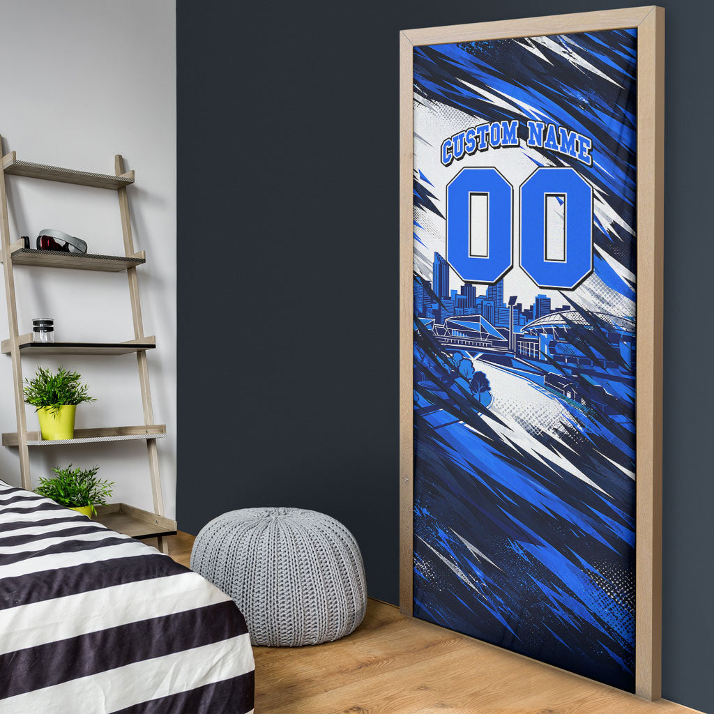 Personalised Adelaide Strikers Cricket Fan Pride Door Cover Dynamic Cricket Graphic Art With Adelaide City Skyline