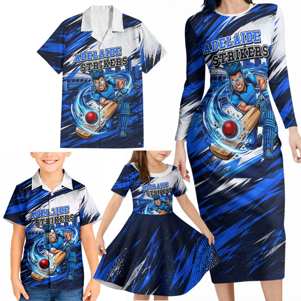 Personalised Adelaide Strikers Cricket Fan Pride Family Matching Long Sleeve Bodycon Dress and Hawaiian Shirt Dynamic Cricket Graphic Art With Adelaide City Skyline