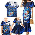 Personalised Adelaide Strikers Cricket Fan Pride Family Matching Mermaid Dress and Hawaiian Shirt Dynamic Cricket Graphic Art With Adelaide City Skyline