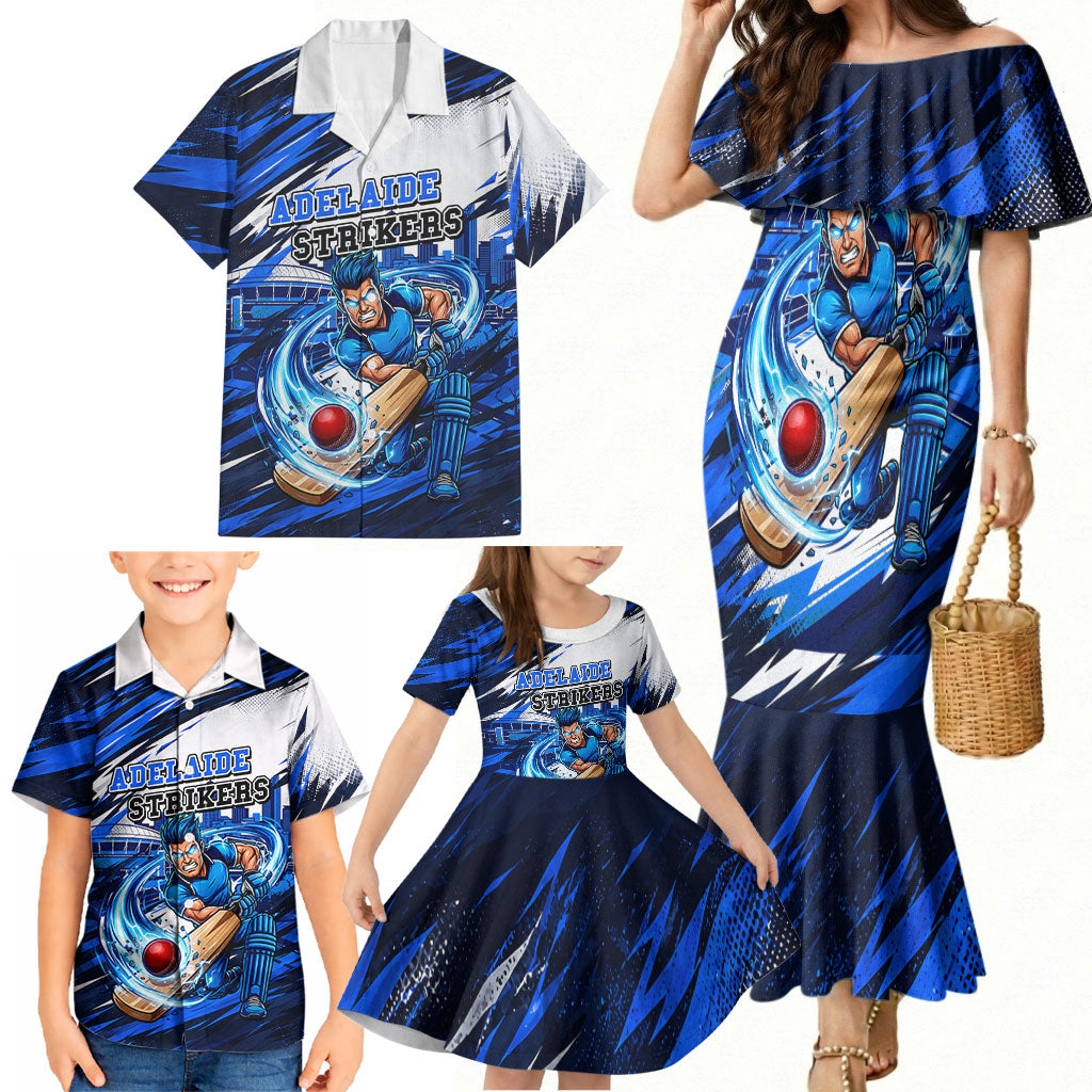 Personalised Adelaide Strikers Cricket Fan Pride Family Matching Mermaid Dress and Hawaiian Shirt Dynamic Cricket Graphic Art With Adelaide City Skyline