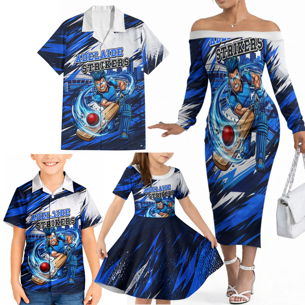 Personalised Adelaide Strikers Cricket Fan Pride Family Matching Off The Shoulder Long Sleeve Dress and Hawaiian Shirt Dynamic Cricket Graphic Art With Adelaide City Skyline