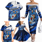 Personalised Adelaide Strikers Cricket Fan Pride Family Matching Off The Shoulder Long Sleeve Dress and Hawaiian Shirt Dynamic Cricket Graphic Art With Adelaide City Skyline