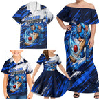 Personalised Adelaide Strikers Cricket Fan Pride Family Matching Off Shoulder Maxi Dress and Hawaiian Shirt Dynamic Cricket Graphic Art With Adelaide City Skyline