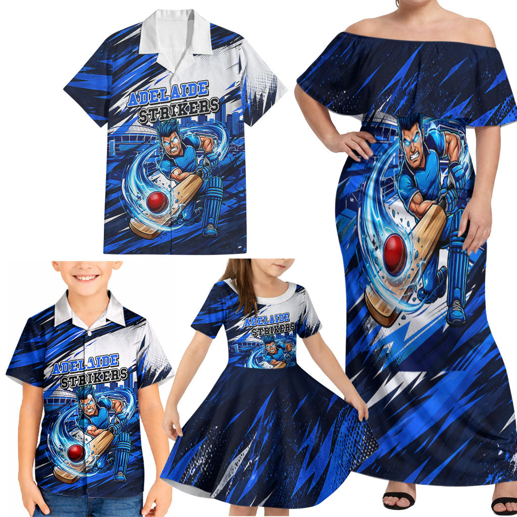 Personalised Adelaide Strikers Cricket Fan Pride Family Matching Off Shoulder Maxi Dress and Hawaiian Shirt Dynamic Cricket Graphic Art With Adelaide City Skyline