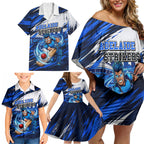 Personalised Adelaide Strikers Cricket Fan Pride Family Matching Off Shoulder Short Dress and Hawaiian Shirt Dynamic Cricket Graphic Art With Adelaide City Skyline