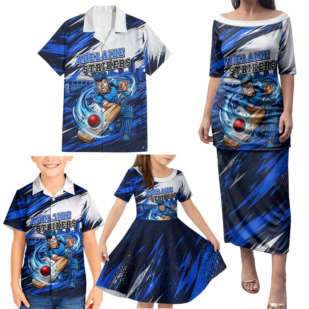 Personalised Adelaide Strikers Cricket Fan Pride Family Matching Puletasi and Hawaiian Shirt Dynamic Cricket Graphic Art With Adelaide City Skyline