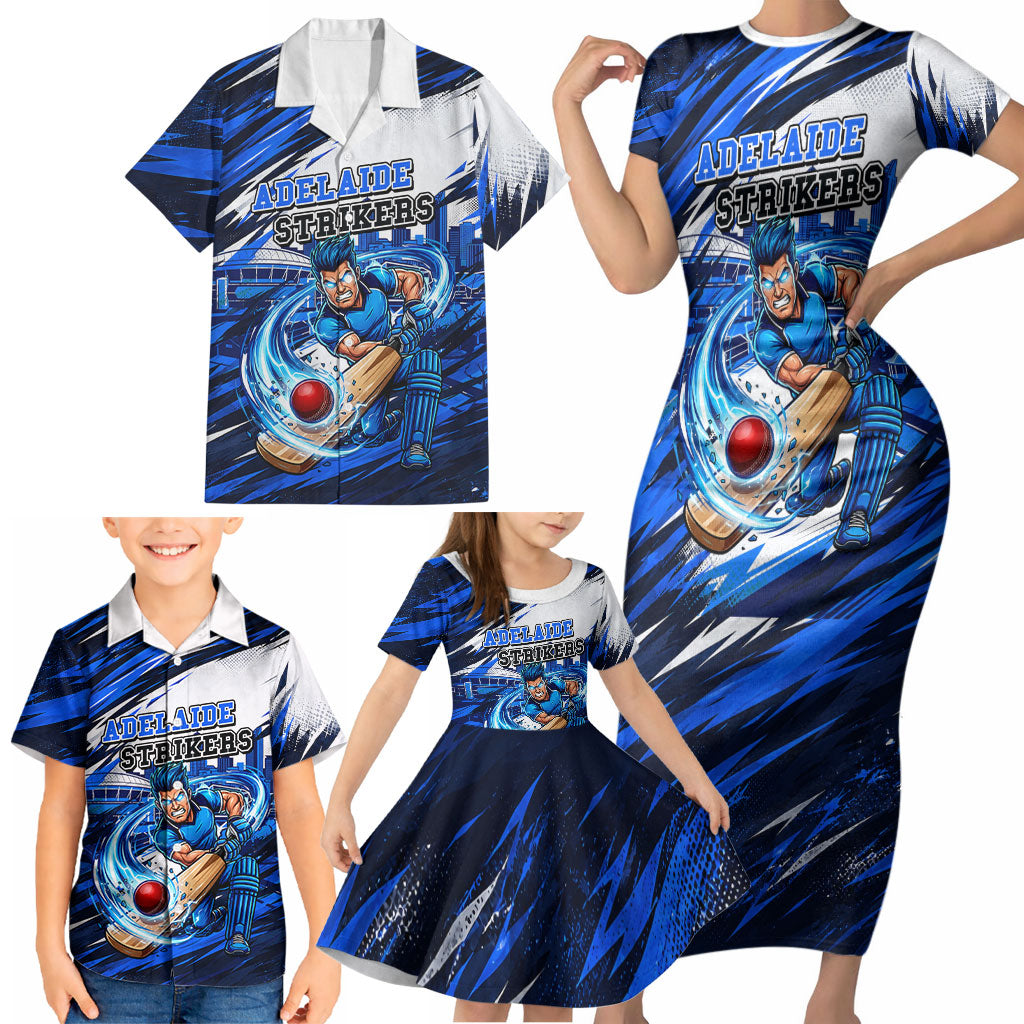 Personalised Adelaide Strikers Cricket Fan Pride Family Matching Short Sleeve Bodycon Dress and Hawaiian Shirt Dynamic Cricket Graphic Art With Adelaide City Skyline