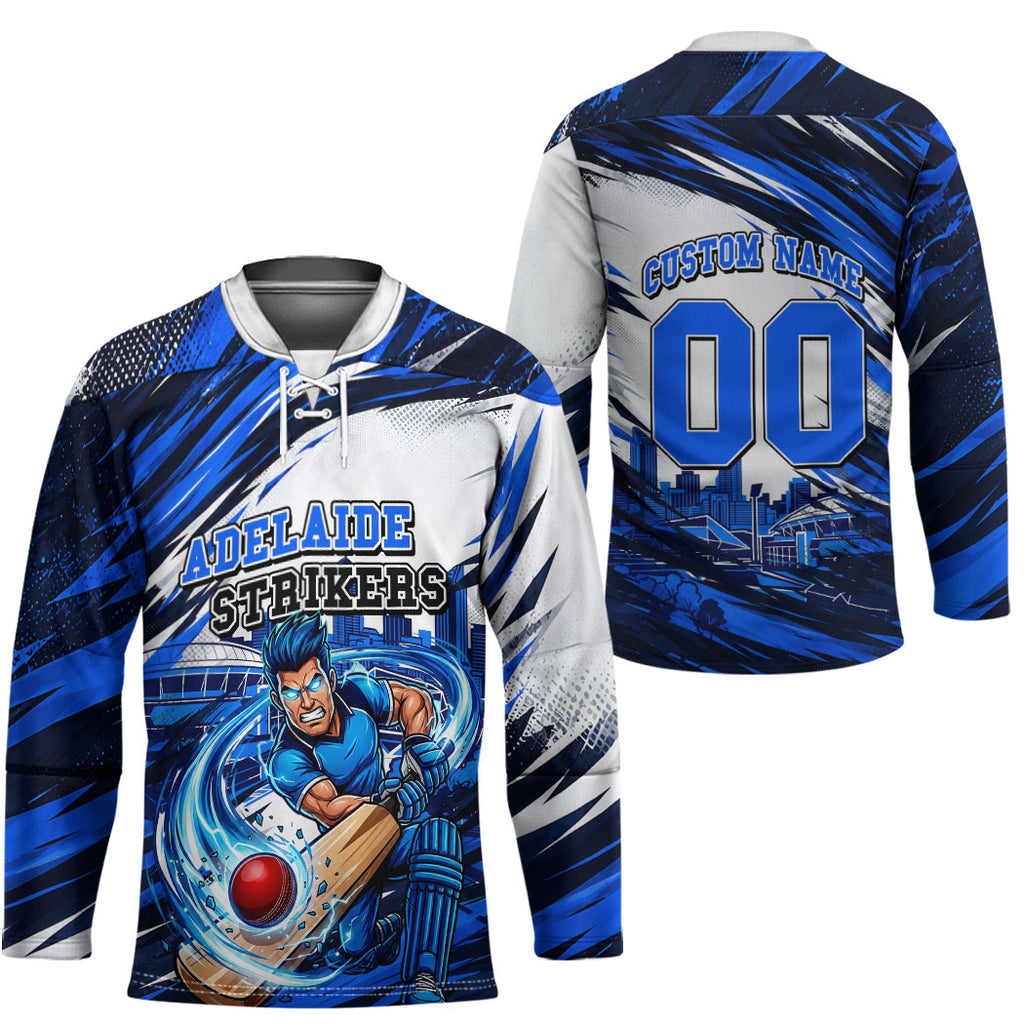 Personalised Adelaide Strikers Cricket Fan Pride Hockey Jersey Dynamic Cricket Graphic Art With Adelaide City Skyline