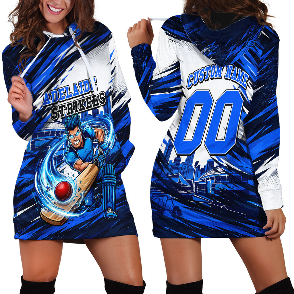 Personalised Adelaide Strikers Cricket Fan Pride Hoodie Dress Dynamic Cricket Graphic Art With Adelaide City Skyline