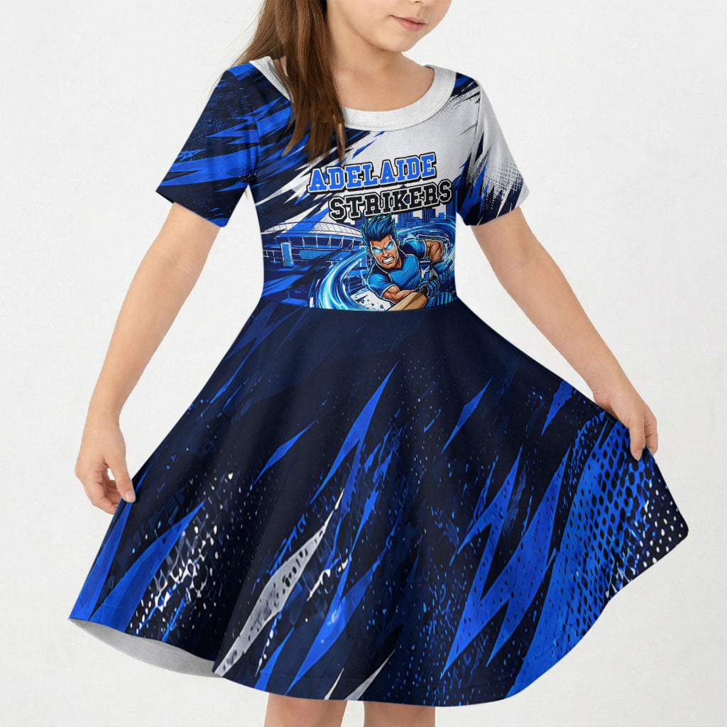 Personalised Adelaide Strikers Cricket Fan Pride Kid Short Sleeve Dress Dynamic Cricket Graphic Art With Adelaide City Skyline