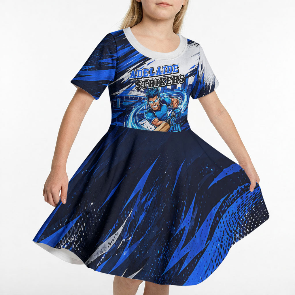 Personalised Adelaide Strikers Cricket Fan Pride Kid Short Sleeve Dress Dynamic Cricket Graphic Art With Adelaide City Skyline