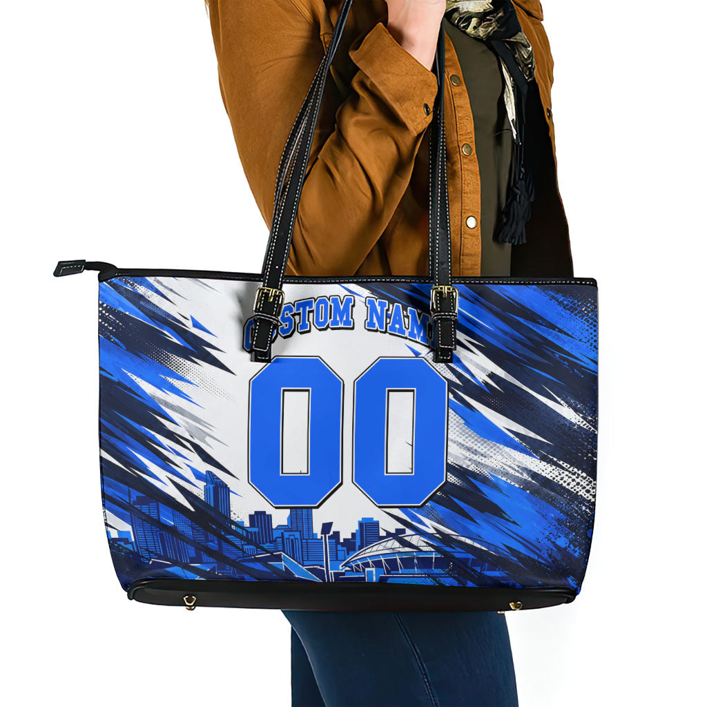 Personalised Adelaide Strikers Cricket Fan Pride Leather Tote Bag Dynamic Cricket Graphic Art With Adelaide City Skyline