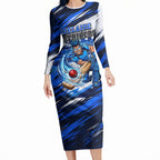Personalised Adelaide Strikers Cricket Fan Pride Long Sleeve Bodycon Dress Dynamic Cricket Graphic Art With Adelaide City Skyline