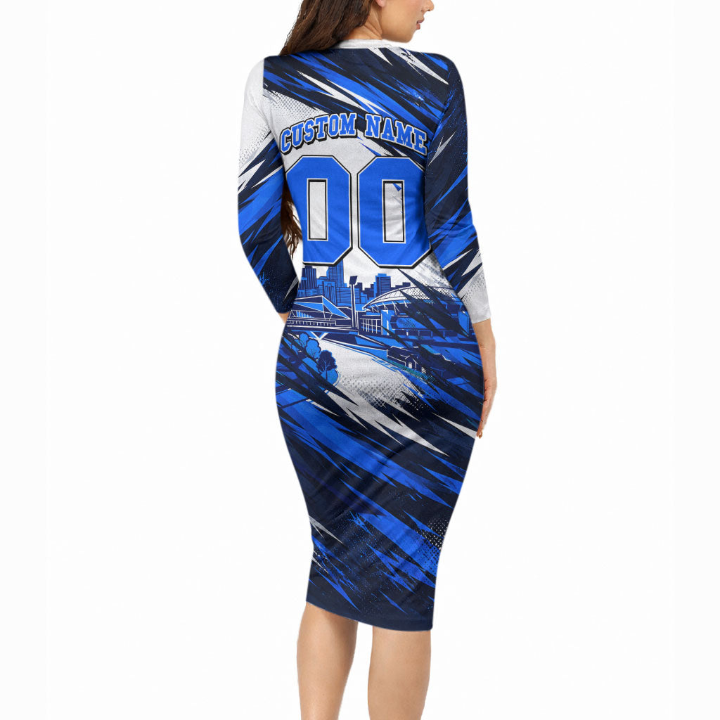 Personalised Adelaide Strikers Cricket Fan Pride Long Sleeve Bodycon Dress Dynamic Cricket Graphic Art With Adelaide City Skyline
