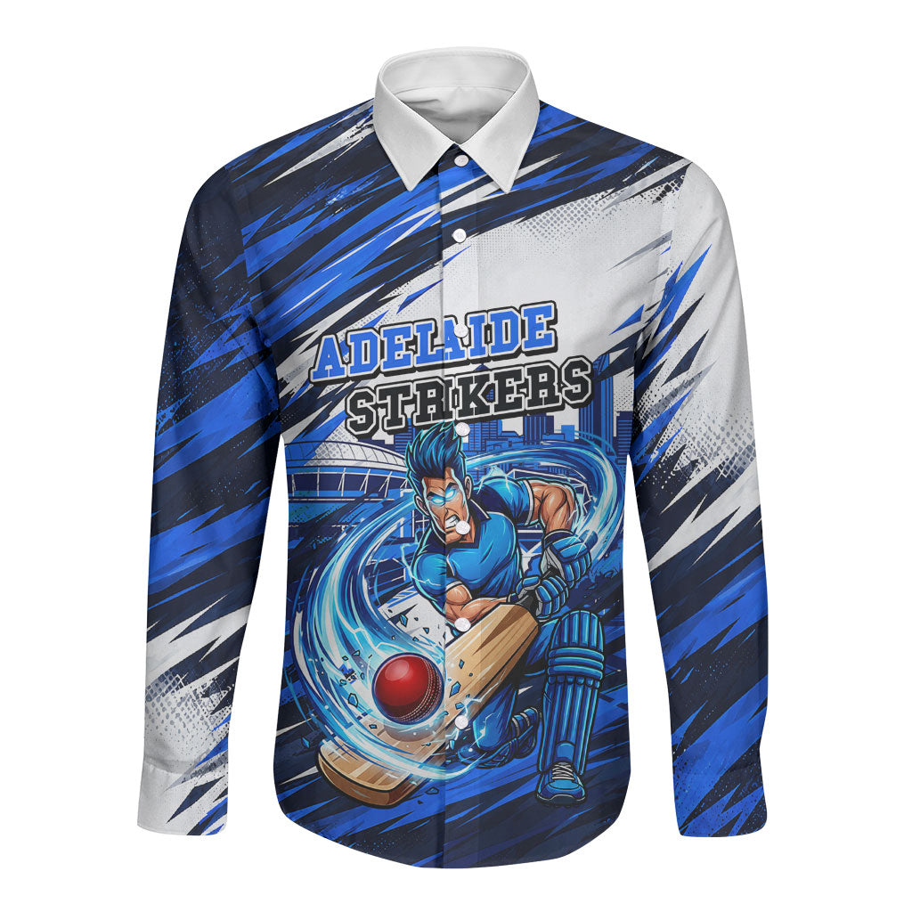 Personalised Adelaide Strikers Cricket Fan Pride Long Sleeve Button Shirt Dynamic Cricket Graphic Art With Adelaide City Skyline