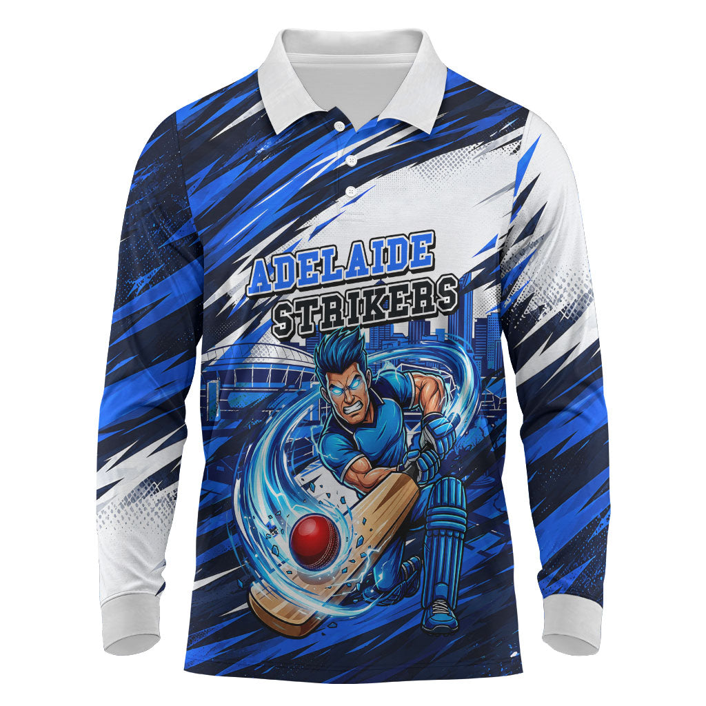 Personalised Adelaide Strikers Cricket Fan Pride Long Sleeve Polo Shirt Dynamic Cricket Graphic Art With Adelaide City Skyline