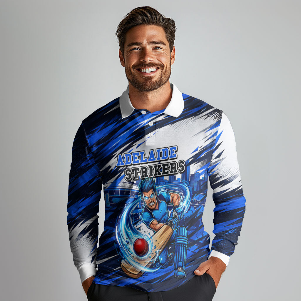 Personalised Adelaide Strikers Cricket Fan Pride Long Sleeve Polo Shirt Dynamic Cricket Graphic Art With Adelaide City Skyline