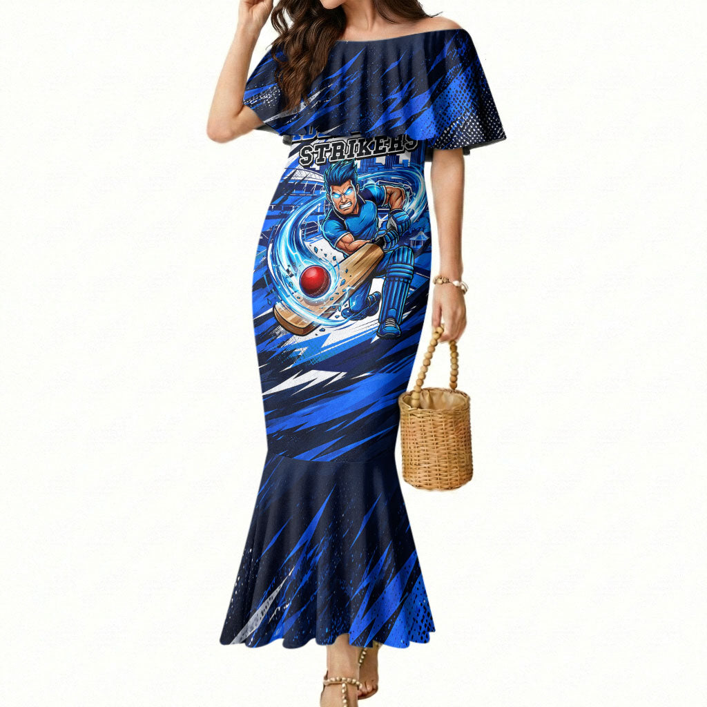 Personalised Adelaide Strikers Cricket Fan Pride Mermaid Dress Dynamic Cricket Graphic Art With Adelaide City Skyline
