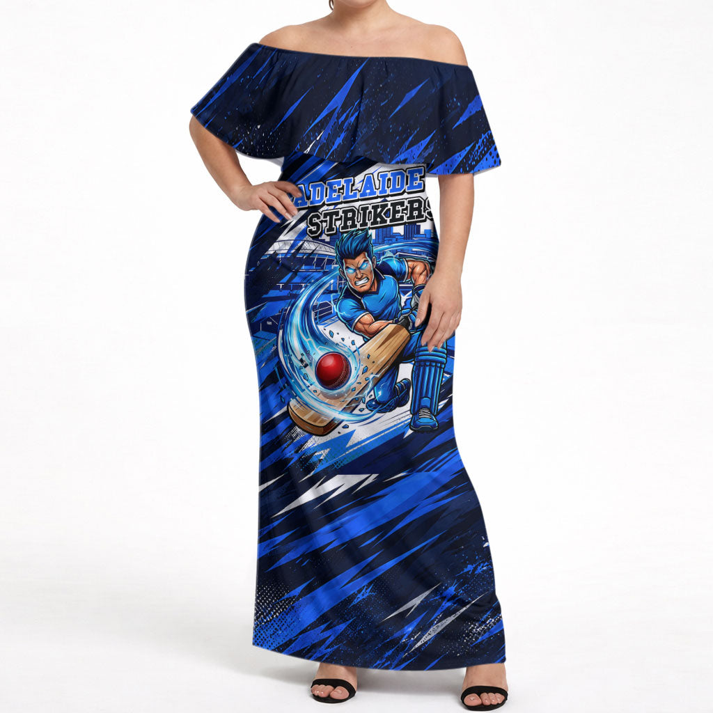 Personalised Adelaide Strikers Cricket Fan Pride Off Shoulder Maxi Dress Dynamic Cricket Graphic Art With Adelaide City Skyline
