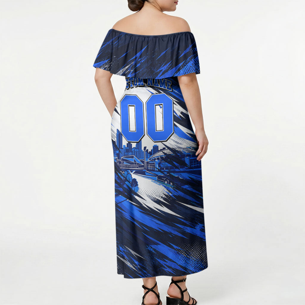 Personalised Adelaide Strikers Cricket Fan Pride Off Shoulder Maxi Dress Dynamic Cricket Graphic Art With Adelaide City Skyline