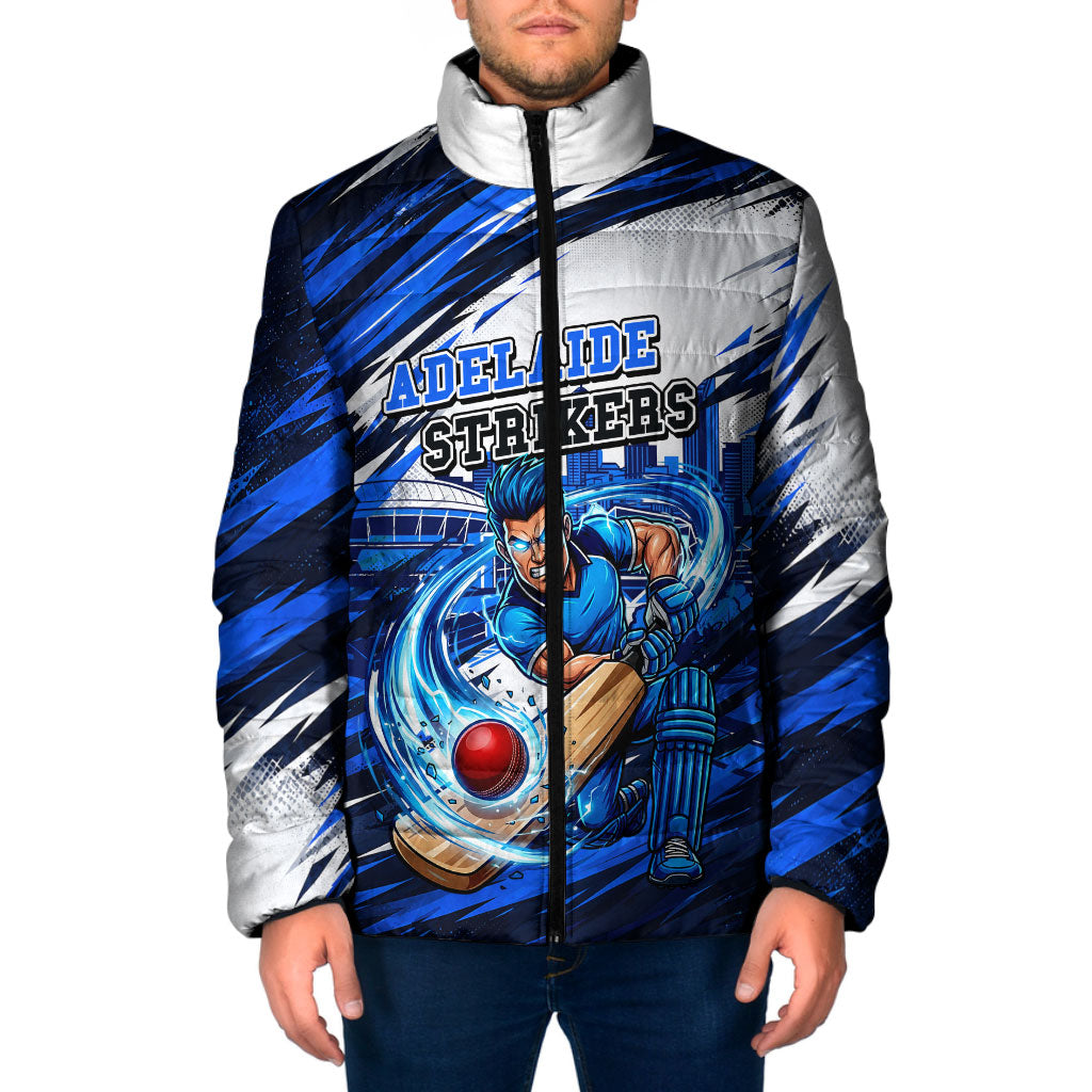 Personalised Adelaide Strikers Cricket Fan Pride Padded Jacket Dynamic Cricket Graphic Art With Adelaide City Skyline