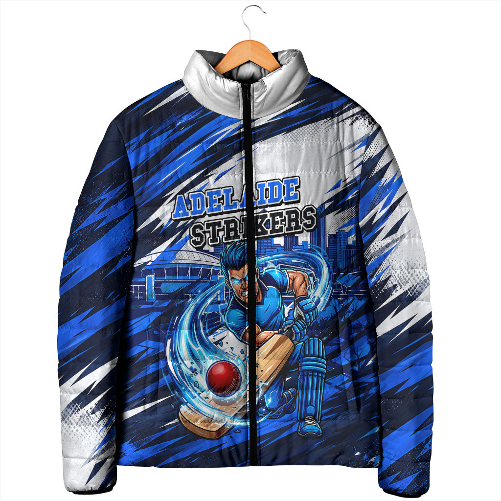 Personalised Adelaide Strikers Cricket Fan Pride Padded Jacket Dynamic Cricket Graphic Art With Adelaide City Skyline