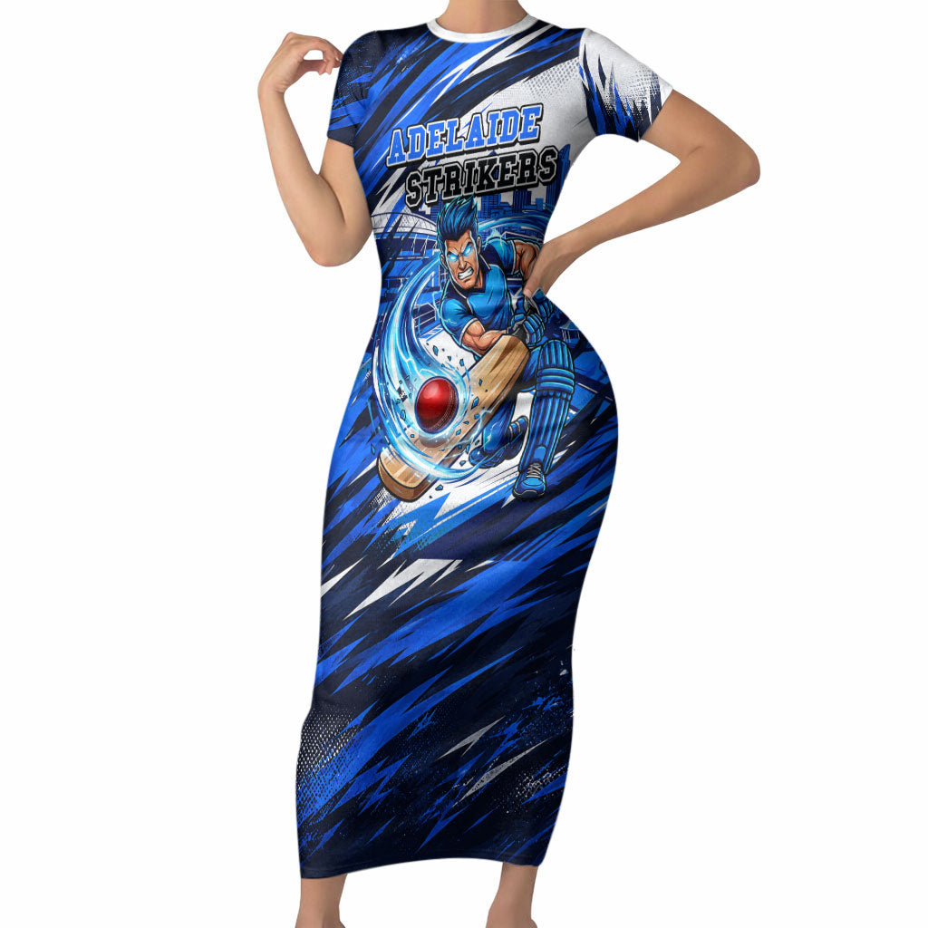 Personalised Adelaide Strikers Cricket Fan Pride Short Sleeve Bodycon Dress Dynamic Cricket Graphic Art With Adelaide City Skyline